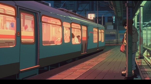 사람들이 기다리는 생성적 AI와 함께 역에서 기차의 애니메이션 장면