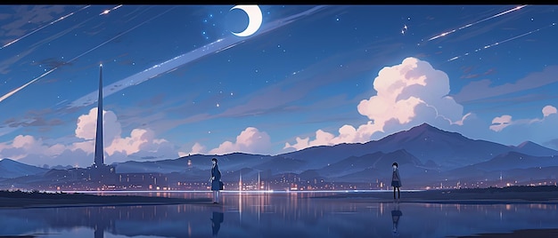 ビーチに立って星を見ている2人のアニメのシーン