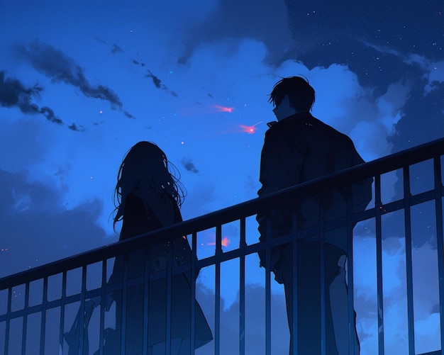 Photo anime scene of two people standing on a bridge looking at the sky generative ai