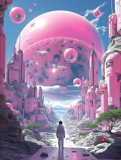 anime scène van een man die in een roze stad staat met een reusachtig roze object generatieve ai