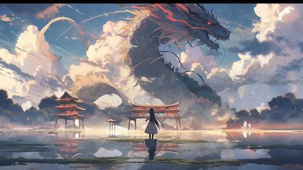 anime scène van een vrouw die voor een draak staat generatieve ai