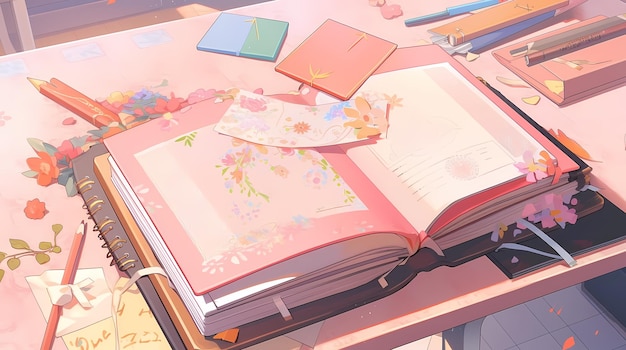 Anime scene with pink tones of a book and paper materials for crafts