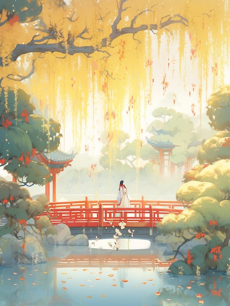 anime scene of a woman and a dog on a bridge generative ai