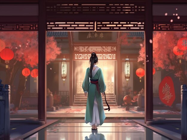 Anime scene of a woman in a kimono outfit walking through a building generative ai