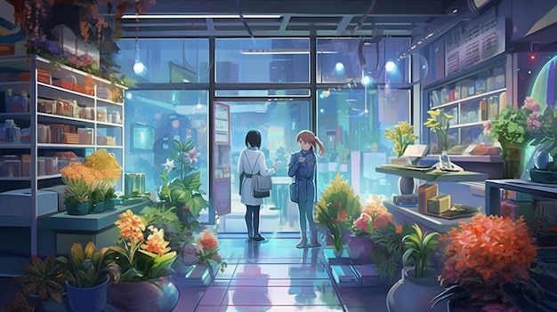 Anime scene of a woman and a man in a flower shop generative ai