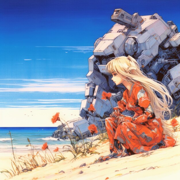 Anime scene of a woman sitting on a beach with a giant pile of rubble generative ai