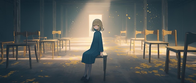 anime scene of a woman sitting on a chair in a room with chairs