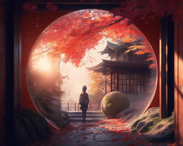 Anime scene of a woman standing in a doorway with a large ball generative ai