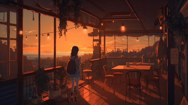 Аниме сцена женщины, стоящей в ресторане и смотрящей на закат