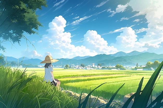 草の帽子をかぶった女性が畑を歩いているアニメのシーン