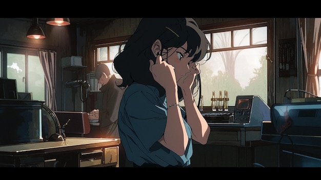 Anime scene of a woman talking on a cell phone in a kitchen generative ai