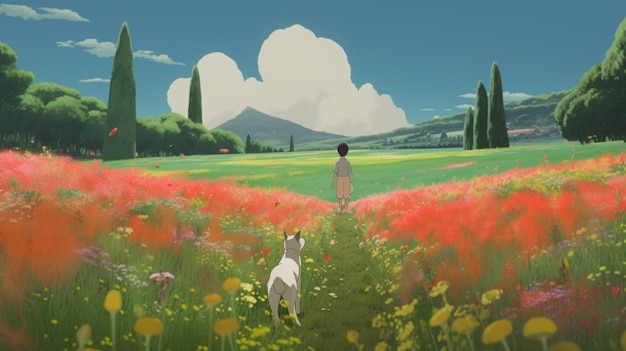 Anime scene of a woman walking a dog through a field of flowers generative ai