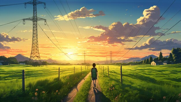 Anime scene of a woman walking down a dirt road in a field generative ai