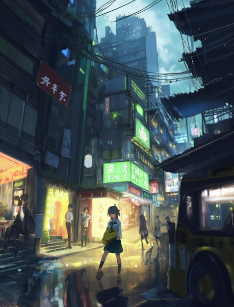 Anime scene of a woman walking down a street in a city generative ai