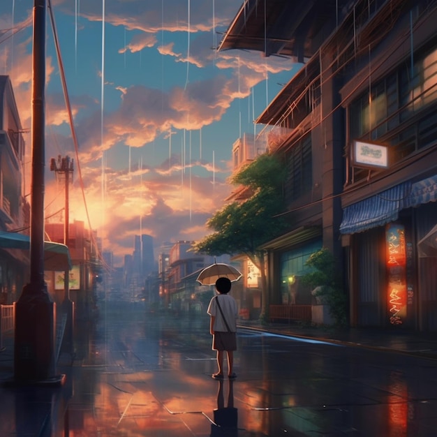 Anime scene of a woman walking down a street with an umbrella generative ai