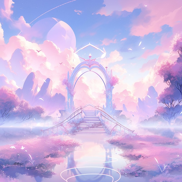 Anime scenery of a bridge over a lake with a pink sky generative ai