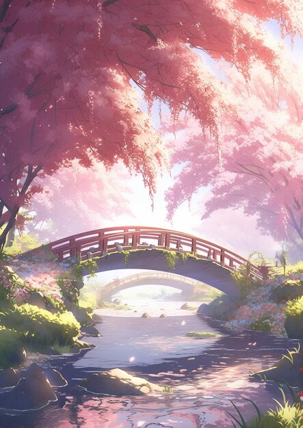 anime scenery of a bridge over a stream in a park generative ai