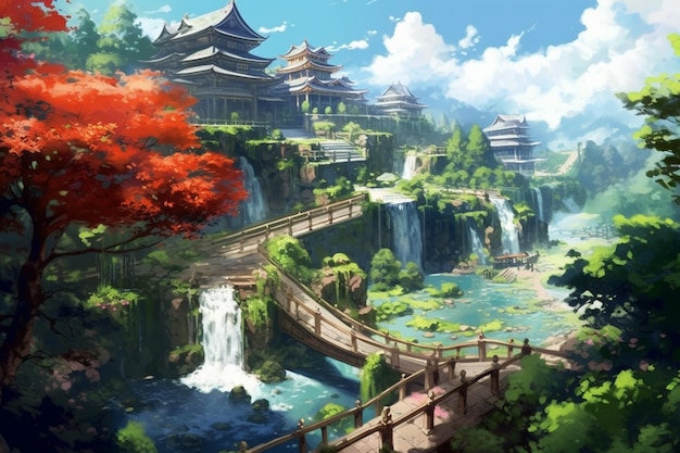滝にかかる橋と橋のアニメ風景生成ai