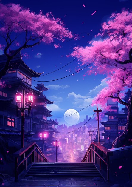 Premium AI Image  Anime scenery of a city with a bridge and a full moon  generative ai