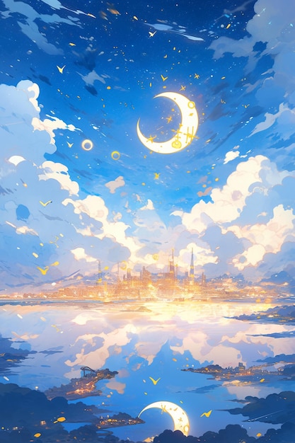 Anime scenery of a city with a crescent and a moon generative ai