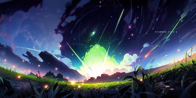 anime scenery of a field with a bright green firework generative ai