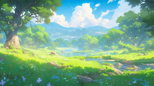 anime scenery of a green meadow with a stream and trees generative ai