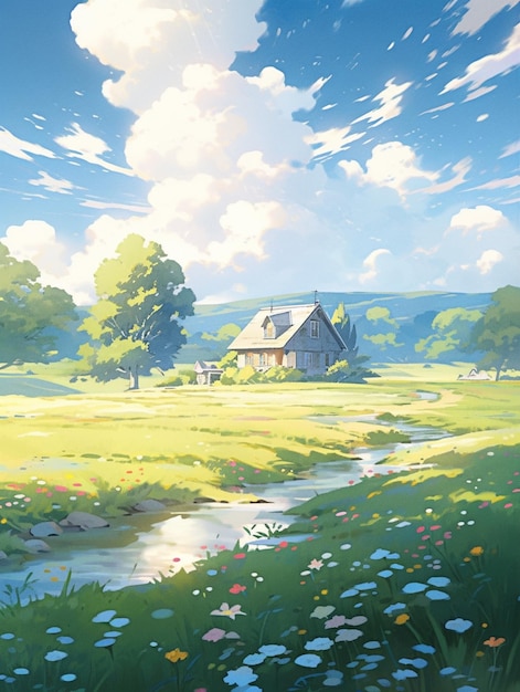 anime scenery of a house in a field with a stream generative ai