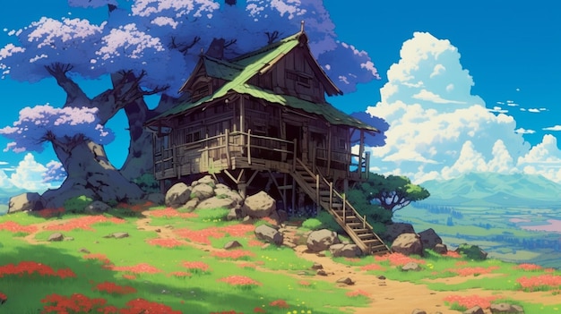 Anime scenery of a house on a hill with a tree in the foreground generative ai