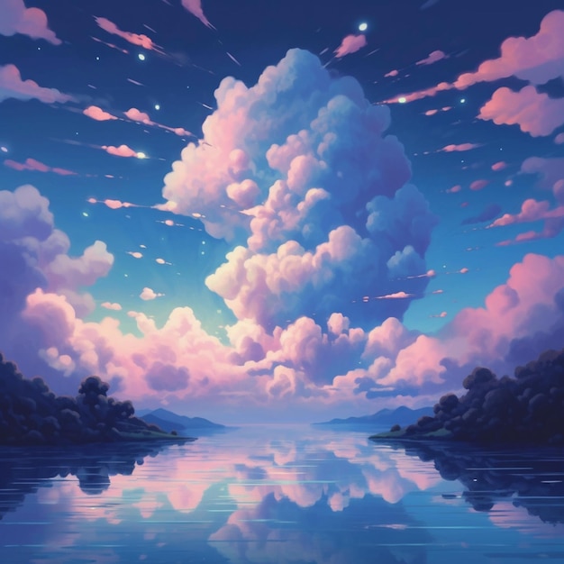 空と雲のある湖のアニメ風景生成ai