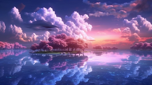 anime scenery of a lake with trees and clouds in the sky generative ai