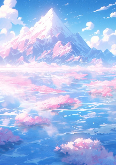 Anime scenery of a mountain and a lake with pink clouds generative ai