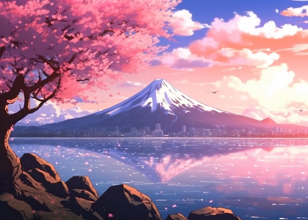 Anime scenery of a mountain with a tree and a lake generative ai