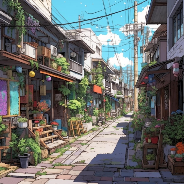 anime scenery of a narrow street with a bench and tables generative ai