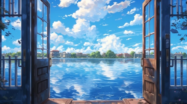 Anime scenery of open doors overlooking a lake and a city generative ai