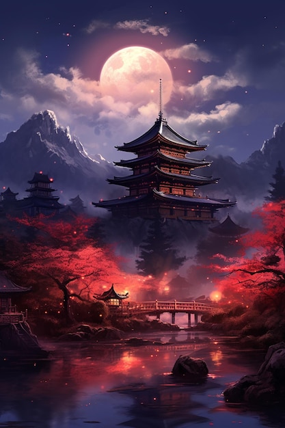 Anime scenery of a pagoda and a river with a full moon generative ai