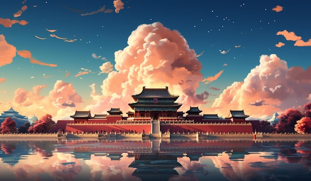 Anime scenery of a palace with a lake and a sky background generative ai