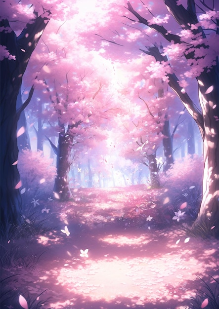 anime scenery of a forest with a path and flowers. generative ai