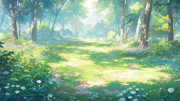 anime scenery of a path through a forest with flowers and trees generative ai