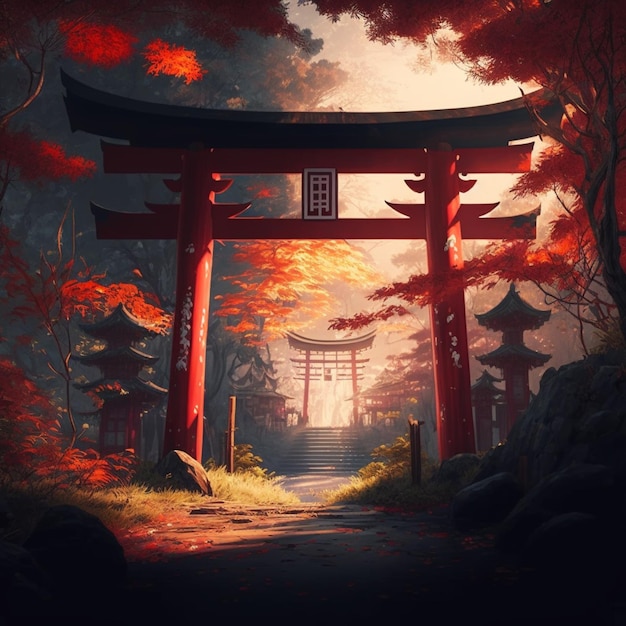 Premium AI Image | anime scenery of a red tori tori gate in a forest ...
