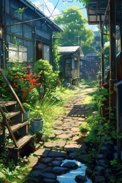 Anime scenery of a small alley with a stream running through it generative ai