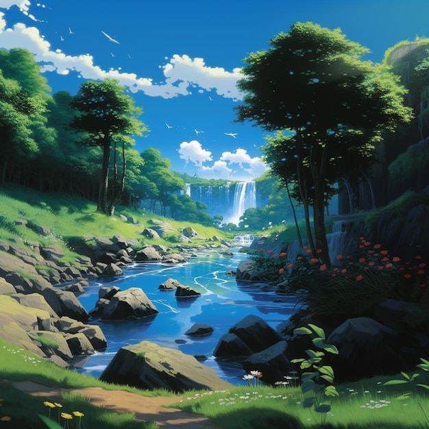 Anime scenery of a stream running through a lush green forest generative ai