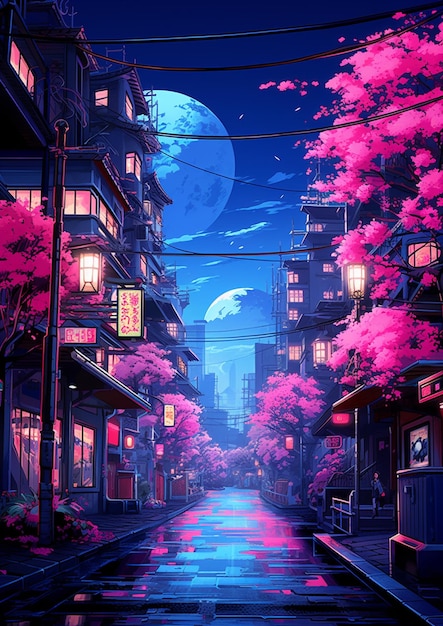 Anime scenery of a street with a full moon in the background generative ai