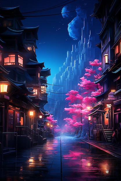 Premium AI Image  Anime scenery of a city with a bridge and a full moon  generative ai