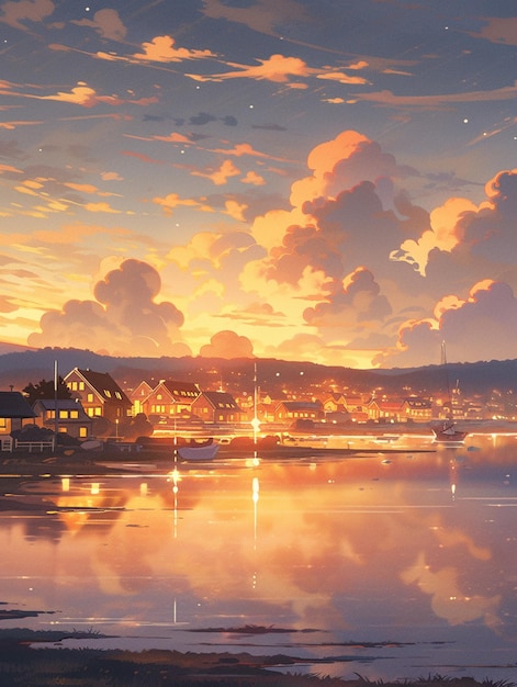 Anime scenery of a sunset over a lake with a boat in the water generative ai