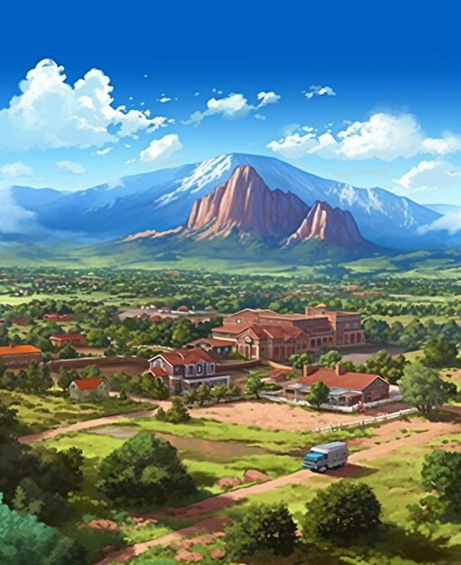 Anime scenery of a town with a mountain in the background generative ai