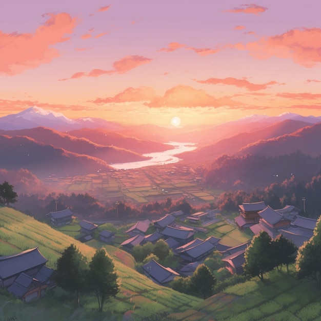 anime scenery of a village with a lake and mountains in the background generative ai