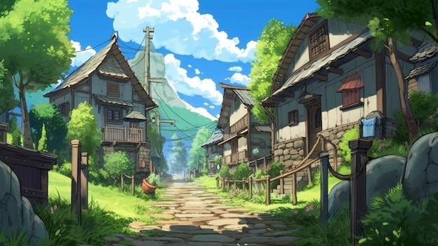 Anime scenery of a village with a stone path and a stone Anime scenery of a village with a stone path and a stone