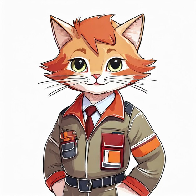 Anime schattig een kat in ingenieur uniform op witte achtergrond AI gegenereerd