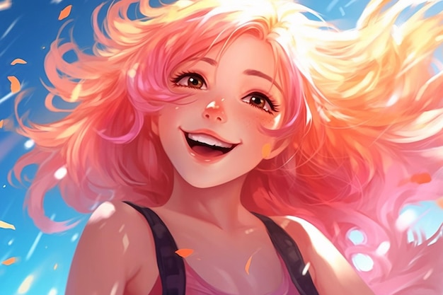 Anime smiling girl with bright yellow hair against a blue sky Manga cartoon style Summertime concept