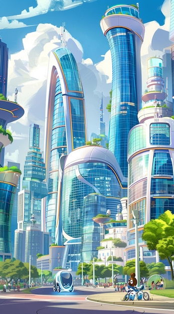 anime stad met futuristische gebouwen en een motorfiets op de voorgrond generatieve ai